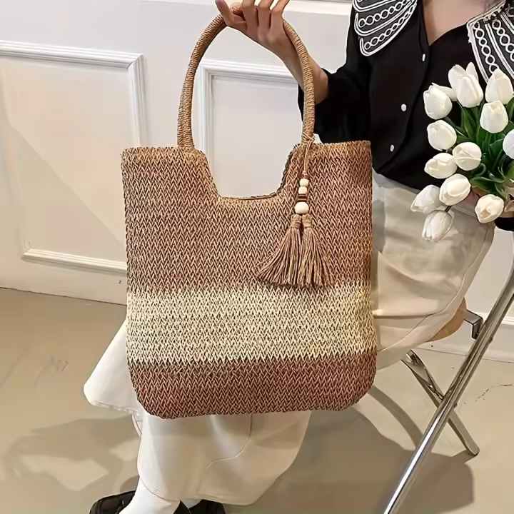 Bolso de Paja Tejido a Mano de Alta Gama Bolso de Playa de Gran Capacidad - 1