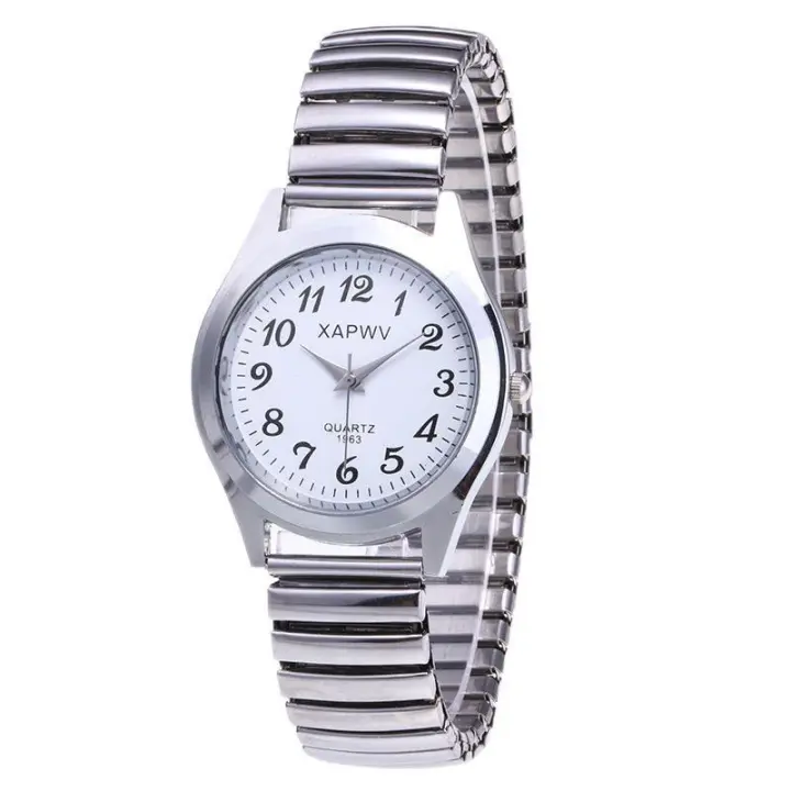 Reloj de pareja de cuarzo con banda elástica para hombre y mujer con esfera grande y puntero digital de mediana edad y ancianos - 1