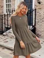 Vestido de manga larga con suéter hasta la rodilla informal con bolsillo y cuello redondo para mujer - details 18
