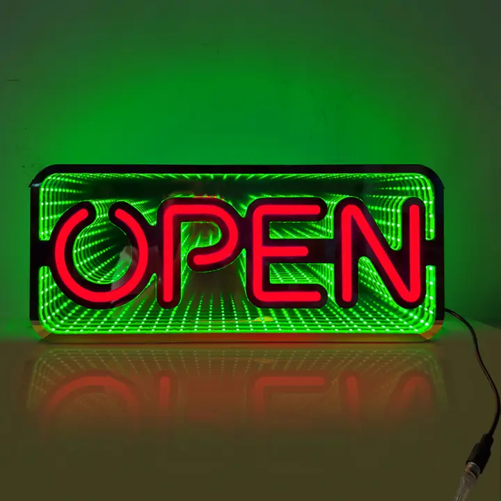 Cartel de Luz Abierto de Espejo Infinito 19x8 pulgadas, Luces LED RGB 3D para Tiendas, Restaurantes, Cafés, Salones, Ventanas de Bar Enchufe EU - 1