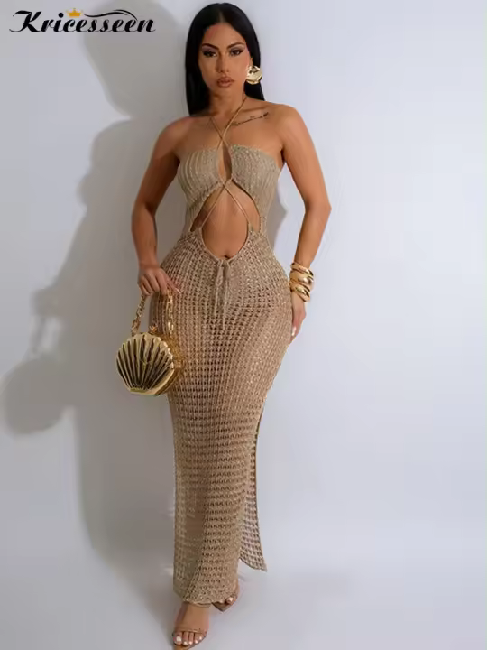 Vestido de Playa de Punto con Cordones de Verano Vestido Maxi de Crochet Metálico para Mujeres - 1
