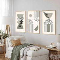 Pintura Nórdica de Lámina de Arte de Pared Bohemio Verde con Hojas de Plantas y Líneas Geométricas en Canvas para Decoración del Hogar - details 1