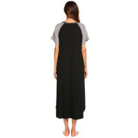 Camisón de algodón elástico de manga corta y largo con bloques de color y bolsillo para mujer, ropa de estar y pijama para primavera/verano - details 11