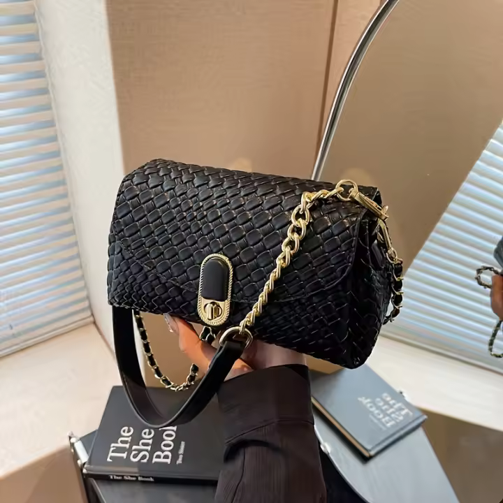 Elegante bolso cruzado tejido negro para mujer: bolso de hombro versátil con correa desmontable, cierre de cremallera y herrajes en tono dorado, perfecto para atuendos informales o formales - 1