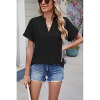 BUNO-2025 Blusas informales para mujer, camisas holgadas de manga corta con cuello de pico de Jacquard bordado a la moda, Tops elegantes de colores sólidos para verano - details 26