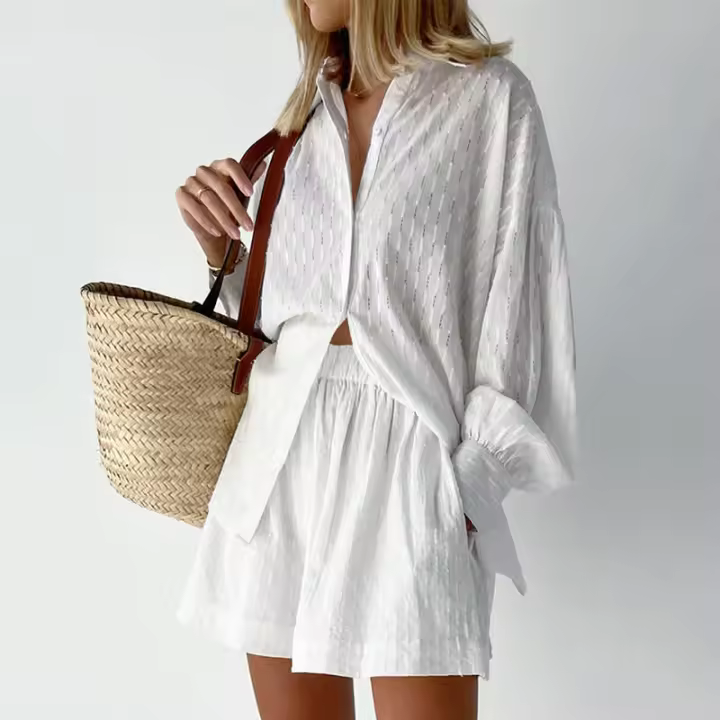 Conjunto casual de camisa y pantalones cortos de manga abullonada jacquard para mujer, diseño de viajero, primavera verano - 1