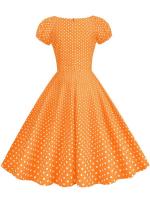 Elegant vintage dot print women summer puff short sleeve v neck casual a-line midi party dress - details 3