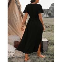 Vestido largo de verano 2024 de color sólido con cuello en V, manga acampanada, cintura elástica, adelgazante y con abertura. - details 12