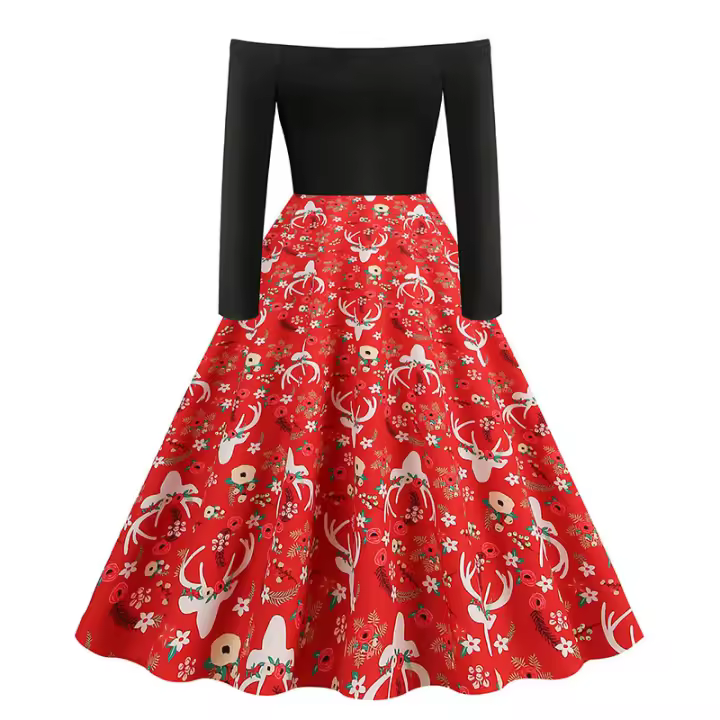 2025 nuevo vestido de manga larga con estampado de ciervos rojos y un hombro para mujer - 1