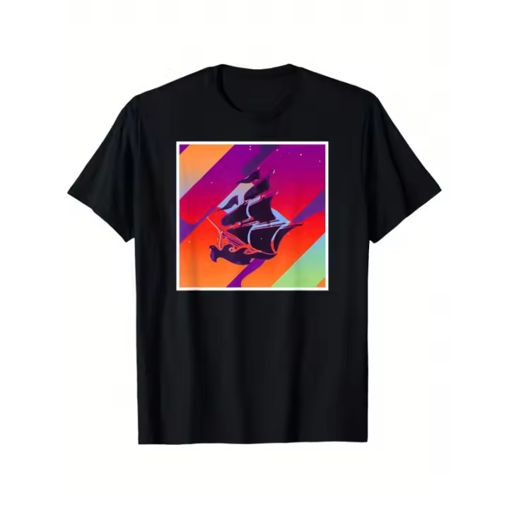 Camiseta con gráfico de barco pirata vintage retro, camiseta holgada de manga corta, 100% algodón, informal y cómoda, estampado geométrico, tallas S-XXXL, lavable a máquina, para usar en todas las estaciones. - 1