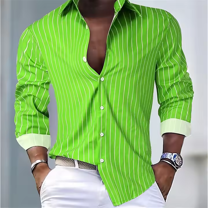 Camisa holgada a rayas a la moda para hombre, camisa informal transpirable con botones de solapa, camisa de manga larga, Top de tela suave y cómoda - 1