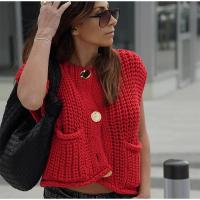Chaleco de punto con cuello redondo para mujer, cárdigan elegante sin mangas con bolsillo y botones, color verde, moda de otoño - details 21