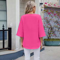 BUNO-2025 Blusa de moda con cuello en V para mujer, camisas de gasa de siete mangas con empalme de encaje, camisa holgada informal de Color sólido elegante para oficina, novedad de 20252 - details 36