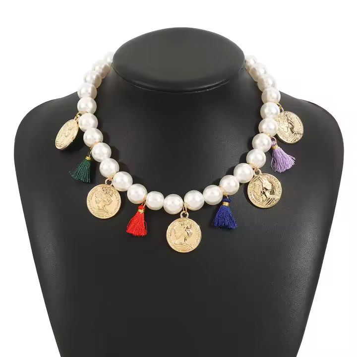 Nuevo temperamento imitación perla reina retrato alivio colgante collar de mujer cadena de clavícula con flecos - 1