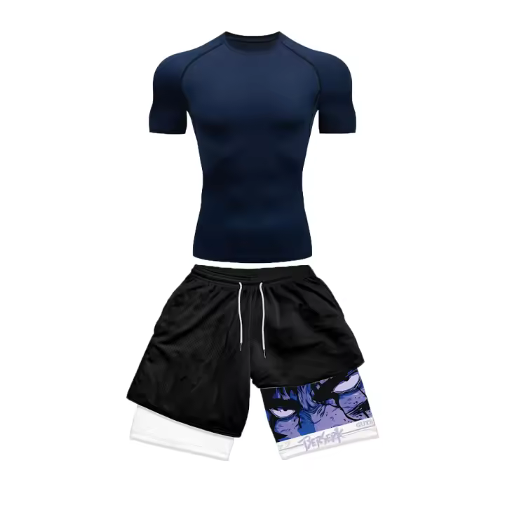 Traje de compresión para hombre, traje deportivo de secado rápido, pantalones cortos ajustados de manga corta de Anime de doble capa para verano - 1