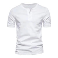 Camiseta de manga corta Henley para hombre, ropa informal de algodón, color blanco, azul vaquero, M-6XL, paquete de 2 - details 8