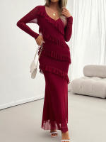 Vestido de malla con cuello en V, elegante y entallado, de manga larga para mujer, otoño invierno - details 13
