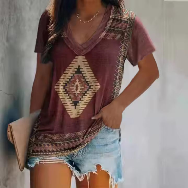 Camiseta Impresa Bohemia Vintage Top Grande, Cuello en V, Manga Corta, Primavera, Verano, Tallas 46, 44, 42 - 1