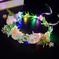 Diadema con corona de flores de rosas de imitación, diadema con corona luminosa brillante, Tiara de tela, guirnalda de luz LED, accesorios para fotos - details 6