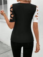 Camiseta hueca con parte superior de calle a la moda de oficina con bloques de color delgada para mujer - details 3
