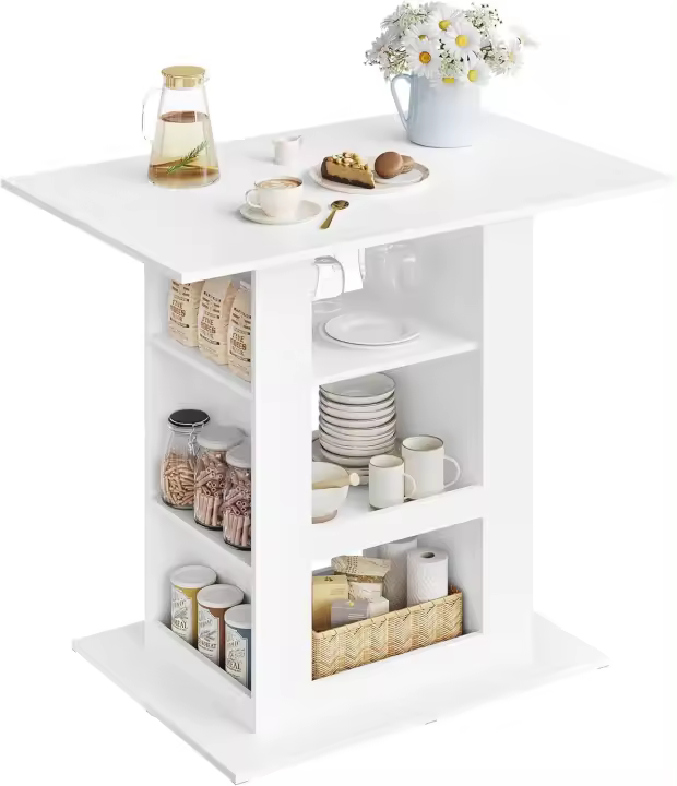 Mesa de Bar con Estantes, Mesa Alta Cocina, con Portavasos y Estante de Almacenamiento, para Bistró Barra Cocina Salón y Comedor, Blanco, 105x94x68 cm - 1