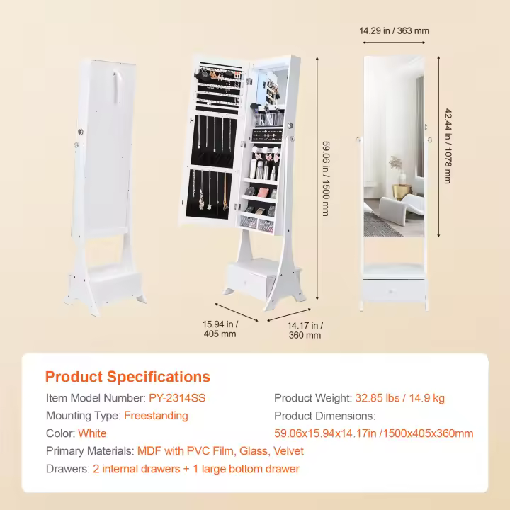 SucceBuy Gabinete de joyería con espejo de pie, con cerradura, forro de terciopelo, LED, cajón, longitud completa, independiente, organizador - 1