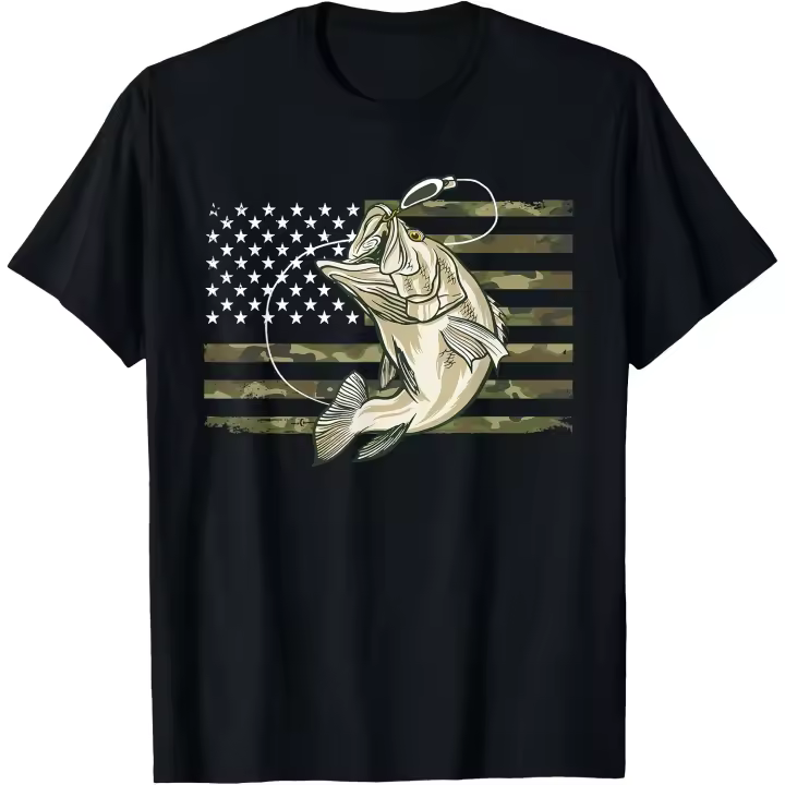 Camiseta de camuflaje de pesca con bandera estadounidense, camiseta de camuflaje para pescador de lubina y pez, camiseta para hombre - 1