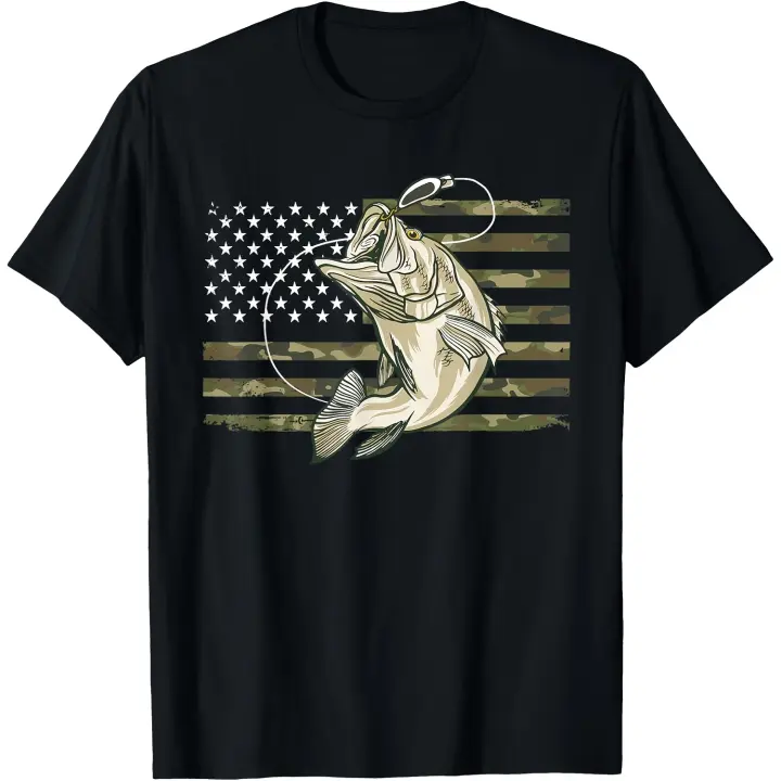 Camiseta de camuflaje de pesca con bandera estadounidense, camiseta de camuflaje para pescador de lubina y pez, camiseta para hombre - 1