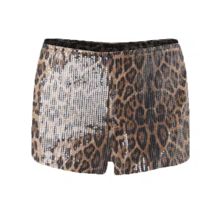 BUNO-pantalones cortos brillantes con lentejuelas para mujer, Mini pantalones cortos con estampado de leopardo, cintura alta, moldeador de cuerpo, ropa de calle impresionante - 1