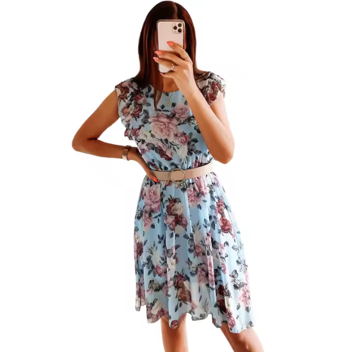 Vestido de mujer con volantes de verano, manga corta, gasa, estampado rosa - 1