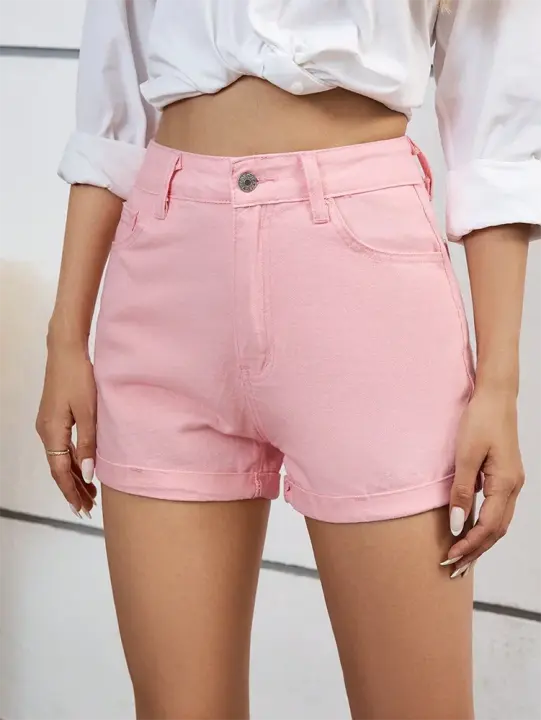 pantalones cortos vaqueros con dobladillo enrollable y cremallera para mujer, moda de verano, pantalones cortos vaqueros de pierna recta con bolsillos de cintura alta para mujer - 1