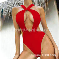 2025 nuevo bikini sexy de color sólido con cordones de una pieza con traje de baño negro ahuecado sin espalda para mujer - details 16