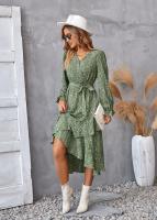 Elegante Vestido Midi de Moda Retro Cuello en V Floral Largo Mango para Mujeres - details 19