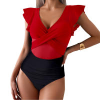 New Clashing One-piece Swimming Costume Small Fly Sleeve Bikini Women Quick Dry Sports Deep V Cross Hollow One-piece Swimsuit - details 37
