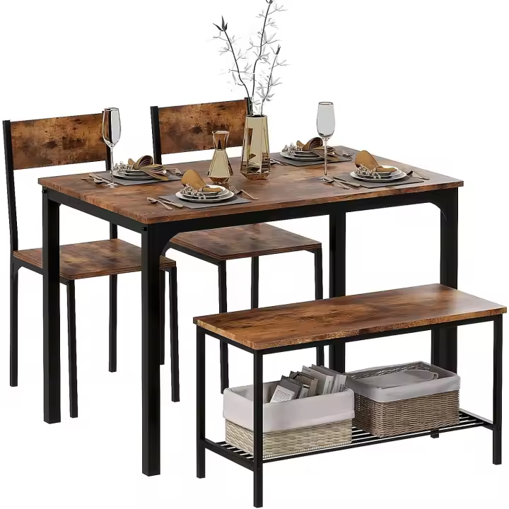 Juego de comedor de 4 piezas con mesa, 2 sillas y 1 banco. Conjunto de muebles de cocina de madera con estructura de acero. - 1