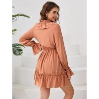Vestido elegante de manga larga con cuello en V para mujer, vestido corto con volantes, color sólido, informal, nuevo en promoción - details 4