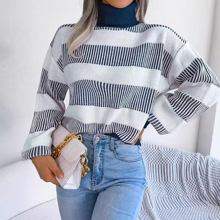 Suéter de punto informal con cuello alto a rayas y mangas abullonadas para mujer, novedoso otoño e invierno, 2023 - 1