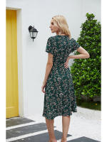 Summer floral print women boho short sleeve v neck split elegant a line party beach dress - details 26