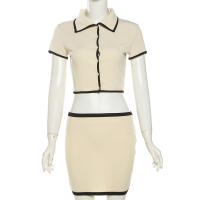 BUNO-Conjunto de 2 piezas de suéter de punto para mujer, cárdigan de manga corta recortada con solapa y minifalda, prendas de punto para mujer, trajes de Falda corta - details 5