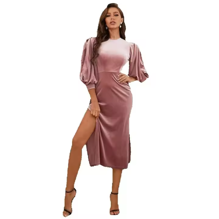 Vestidos de terciopelo de manga de burbuja de siete puntos para mujeres vestidos de fiesta media y larga - 1