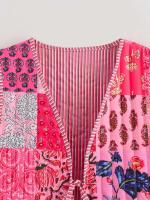 Ropa de otoño de 2024, mujer floral rosa, estampado de anacardo superior, chaleco vintage abotonado, chaleco acolchado para mujer con lazo frontal - details 21