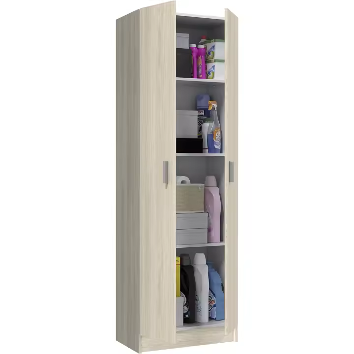 Armario Multiusos Estrecho 2 Puertas 3 Estantes, 180x59x37 (AltoxAnchoxFondo - en cm), Armario Auxiliar Estrecho Color Roble - 1
