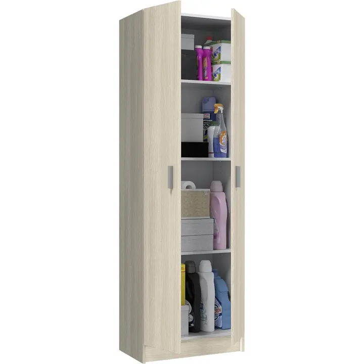 Armario Multiusos Estrecho 2 Puertas 3 Estantes, 180x59x37 (AltoxAnchoxFondo - en cm), Armario Auxiliar Estrecho Color Roble - 1