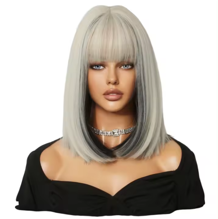 Peluca de pelo corto rubio platino con reflejos negros para damas europeas y americanas, cabello liso de moda, fibra química s - 1