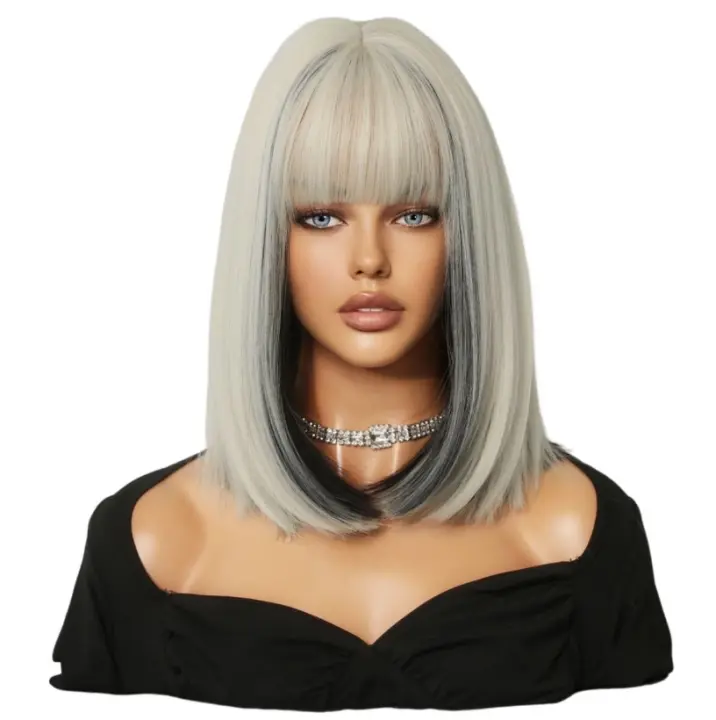 Peluca de pelo corto rubio platino con reflejos negros para damas europeas y americanas, cabello liso de moda, fibra química s - 1