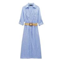 BUNO-Vestido camisero a rayas para mujer, plisado con cinturón, midi, manga con vuelta, largo para playa, verano, 2025 - details 2