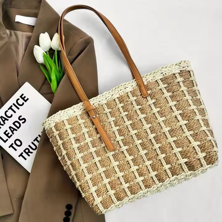 Bolso de mano de paja tejido de gran capacidad de inspiración vintage con patrón de rejilla negra: elegante para llevar en el hombro y las axilas, ideal para la playa, desplazamientos diarios y regalos navideños, disponible en negro, bolso de paja, tejido - 1