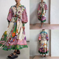 Vestido de swing grande de manga larga con cintura atada y cuello en V estampado personalizado informal para mujer 2025 - details 7