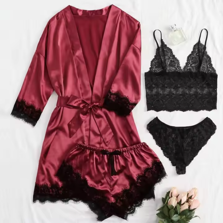 Ence Conjunto de pijama sexy para mujer, ropa interior cómoda de verano y hogar de 4 piezas con bata de satén de seda - 1