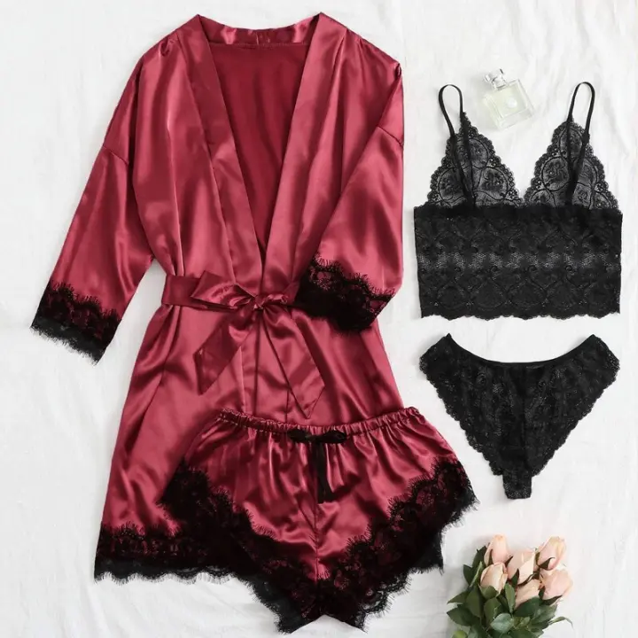 Ence Conjunto de pijama sexy para mujer, ropa interior cómoda de verano y hogar de 4 piezas con bata de satén de seda - 1
